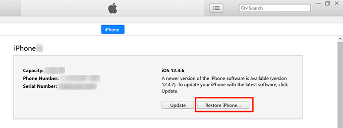 Restore iPhone button in iTunes 