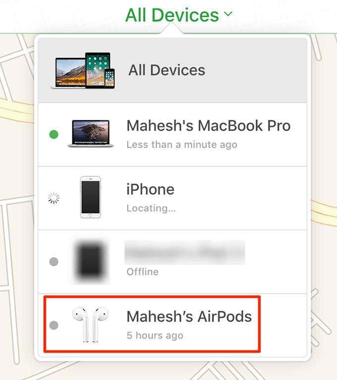 AirPods in All Devices menu 