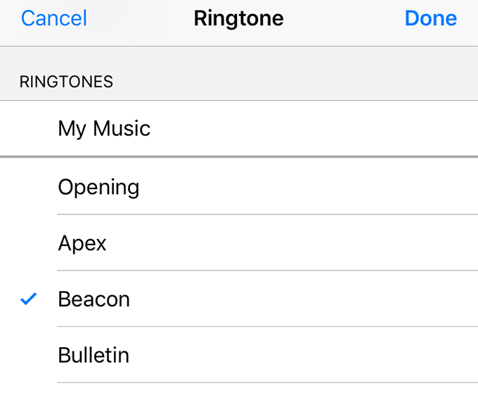 Beacon selected in Ringtone 