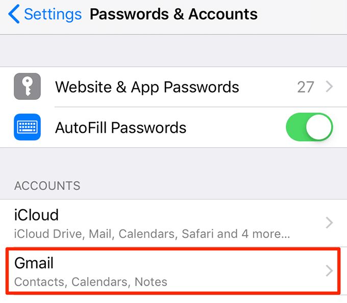 Gmail in Passwords & Accounts 