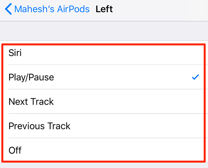 Left actions: Siri, Play/Pause, Next Track, Previous Track, Off