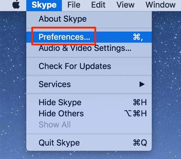 Skype > Preferences menu 
