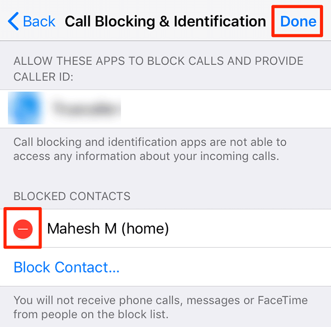 Red minus sign and Done button in Call Blocking & Identification 