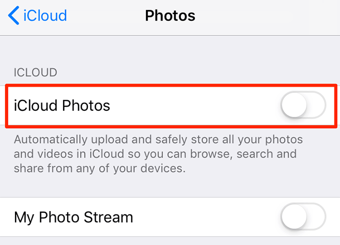 iCloud Photos toggle 