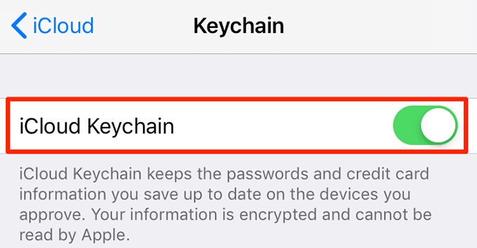 iCloud Keychain toggled to on 