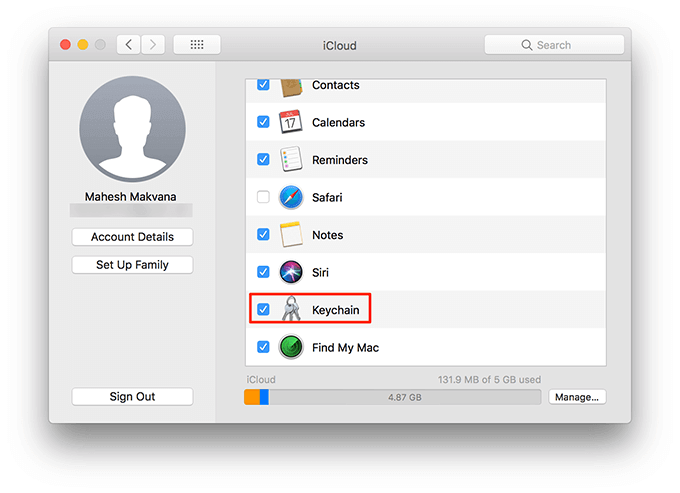 Keychain check box in iCloud 