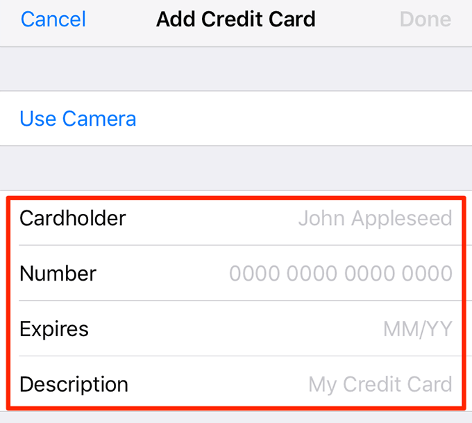 Card details form in Add Credit Card