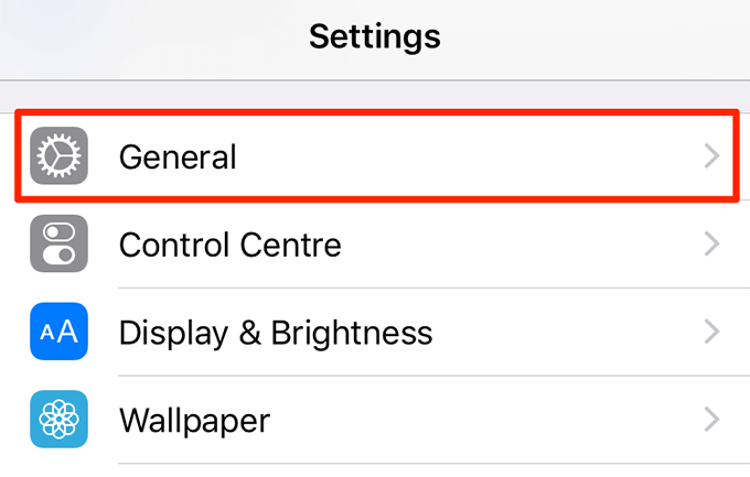 General in Settings menu 