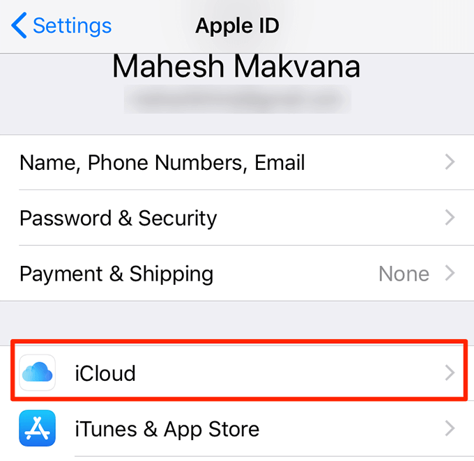 iCloud option in Apple ID 