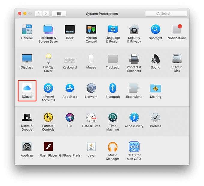 iCloud in System Preferences 