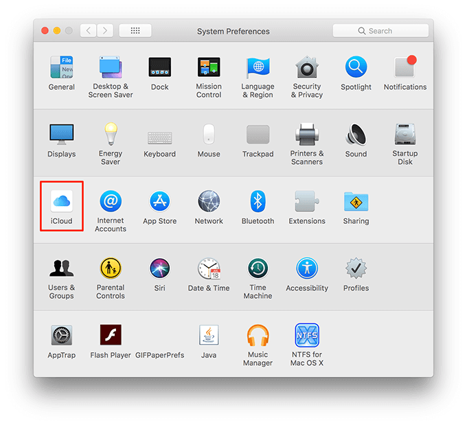 iCloud in System Preferences 