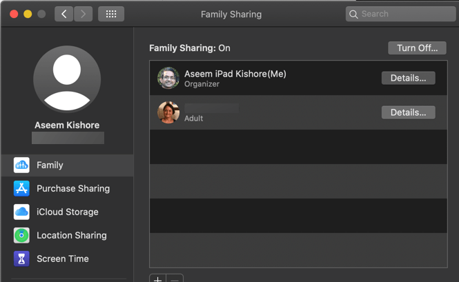 Family Sharing menu 