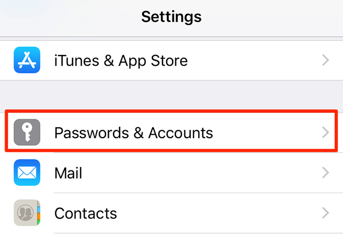 Passwords & Accounts in Settings 
