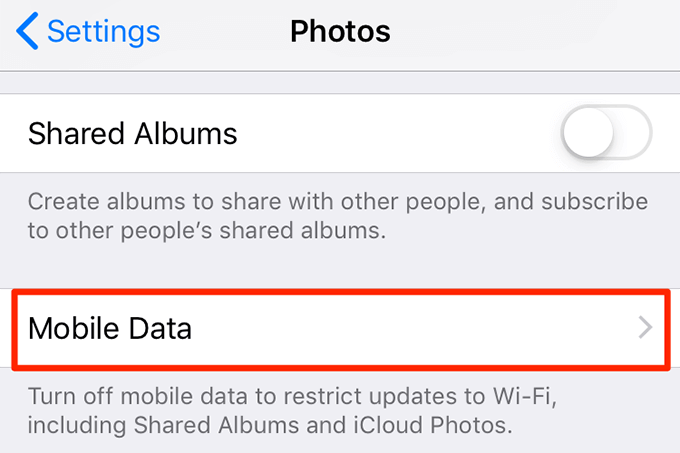 Mobile Data options in Photos 