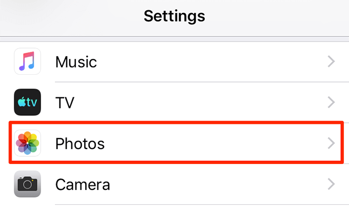 Photos option in Settings tab 