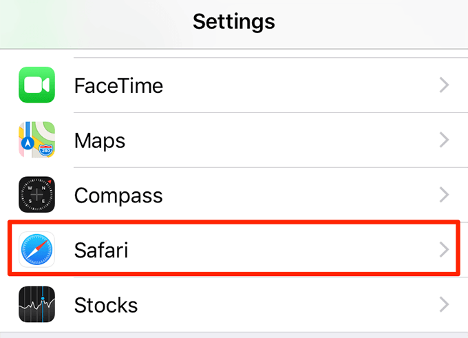 Safari option in Settings 
