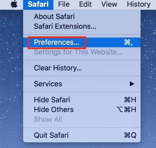 Preferences in Safari 