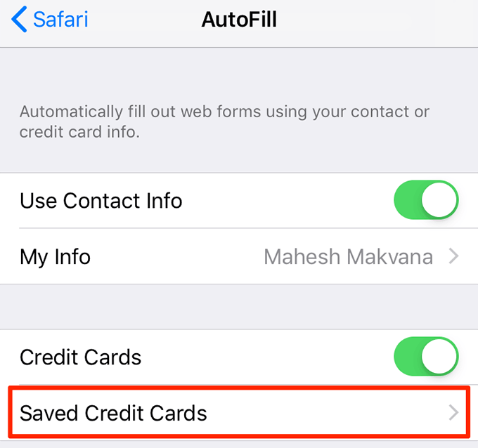 Saved Credit Cards in AutoFill 