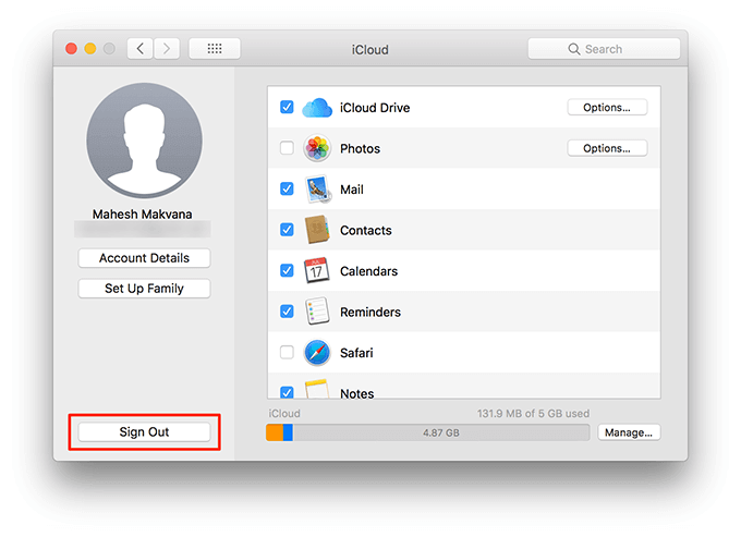 Sign Out button in iCloud 