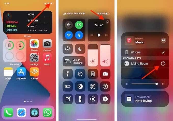 Visual instructions for using AirPlay in Control Center