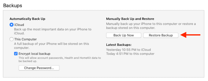 Restore Backup button 