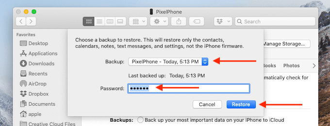 Restore button with password and most recent backup selected 