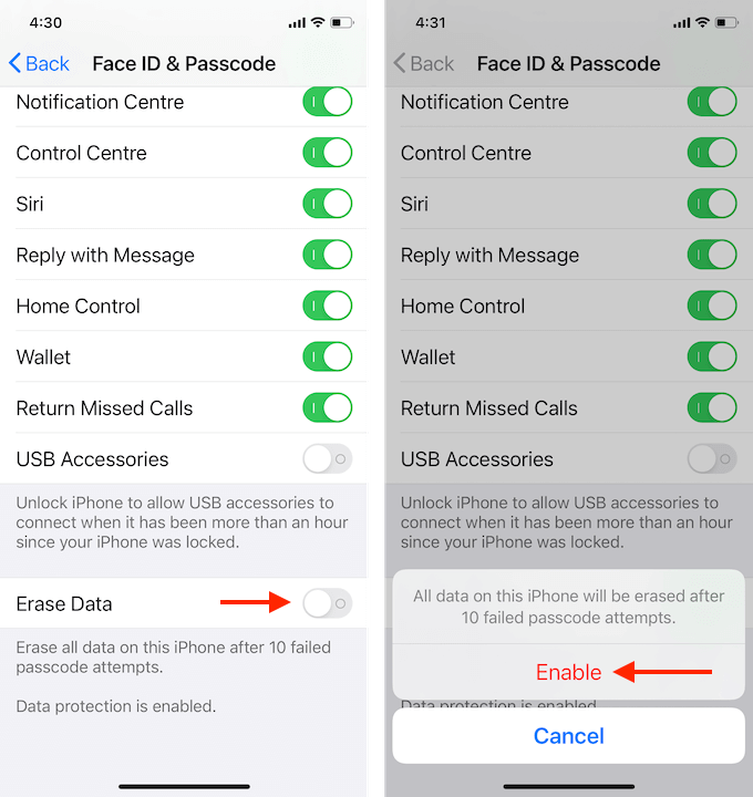 Erase Data toggle and Enable button 