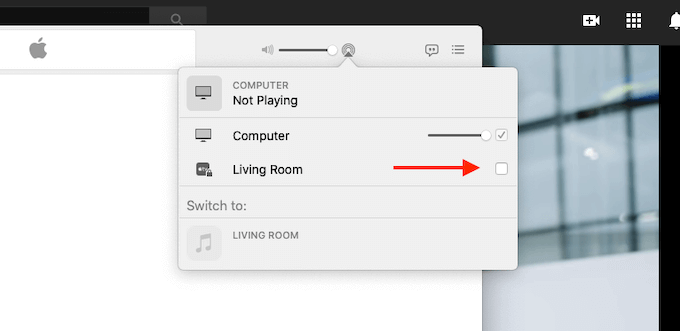 AirPlay menu with Living Room checkbox 