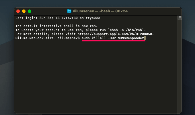 Terminal window with command: sudo killall -HUP mDNSResponder