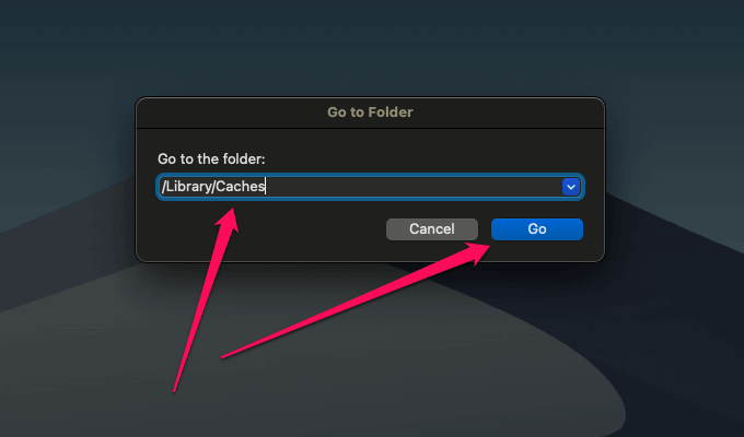Go to Folder with /Library/Caches in field and Go button 