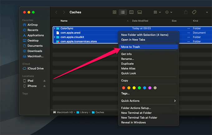 Right-click menu with Move to Trash selected 