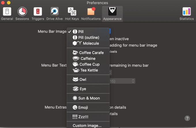 Menu bar image options in Amphetamine 