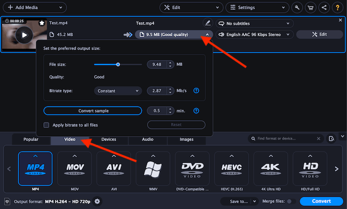 Video and preferred quality for output file 