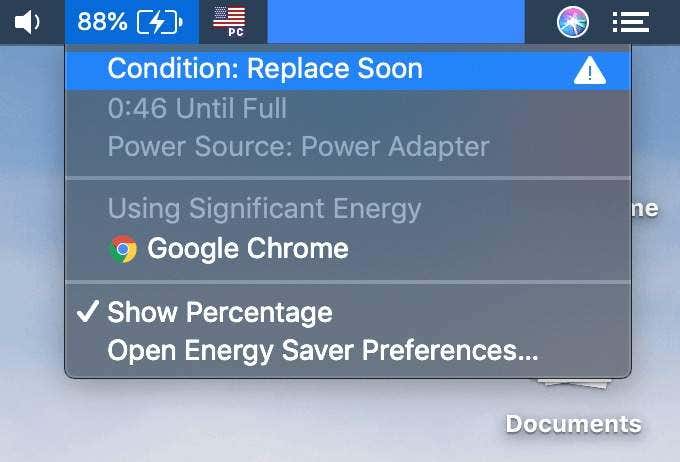 Battery menu with replace soon warning 