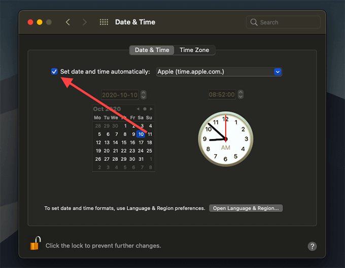 Set date and time automatically check box 