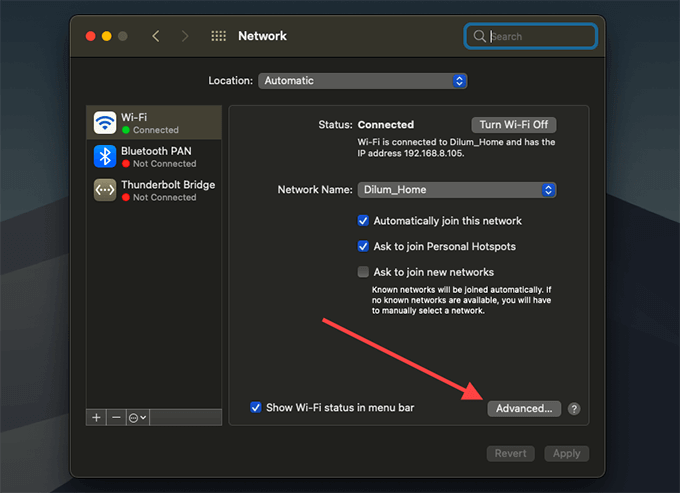 Advanced button in Network settings 