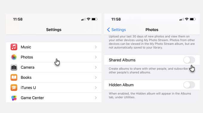 Settings > Photos > Hidden Album