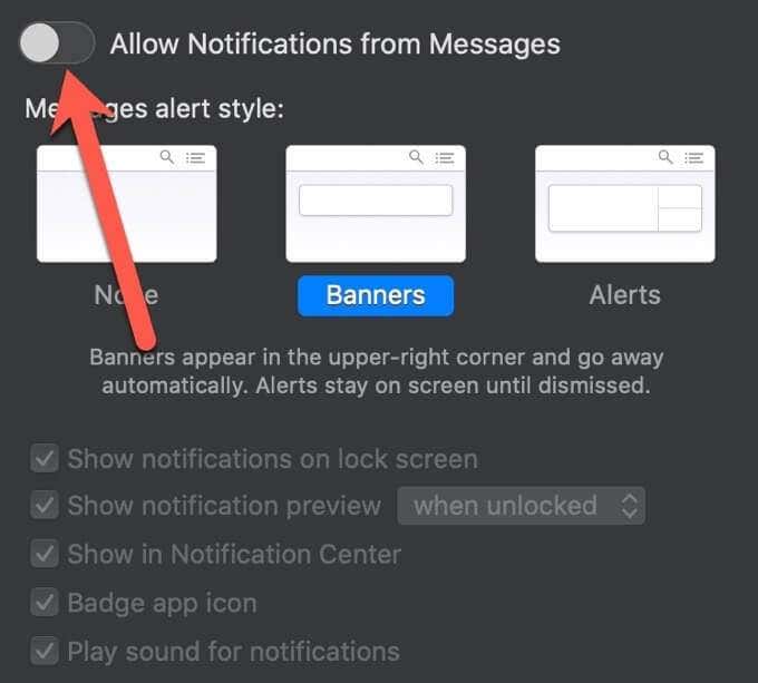 Allow Notifications from Messages deselected 