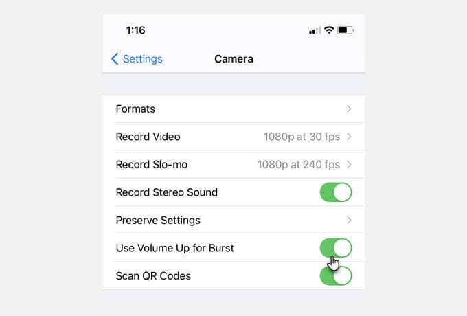 Settings > Camera > Use Volume Up for Burst toggle 