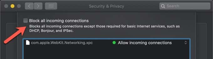 Block all incoming connections checkbox 