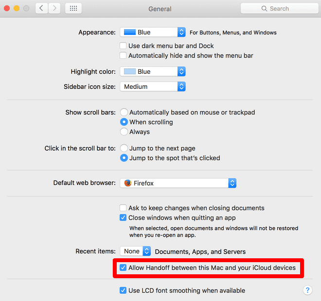 Allow Handoff between this Mac and your iCloud devices box in General 