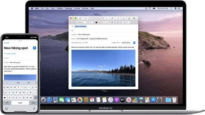 An. email being composed on an iPhone and switched to a MacBook Air 