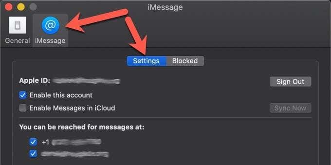 Settings tab in iMessage 