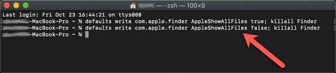 Terminal with string: defaults write com.apple.finder AppleShowAllFiles false; killall Finder.