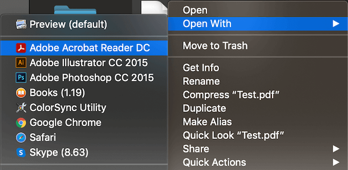 Right-click menu with Adobe Acrobat Reader selected 