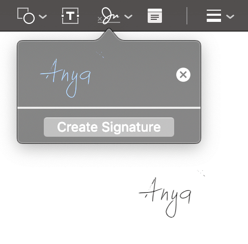 Recognized signature in signature menu 