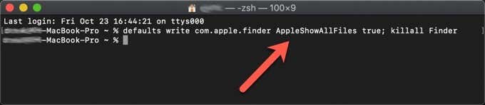 Terminal window with string: defaults write com.apple.finder AppleShowAllFiles true; killall Finder.