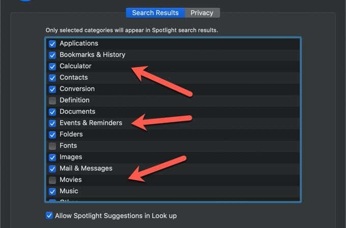 Categories Spotlight can search for 