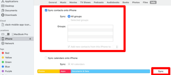 Sync contacts checkbox and Sync button 