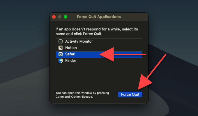 Safari selected in Force Quite Applications and Force Quit button 